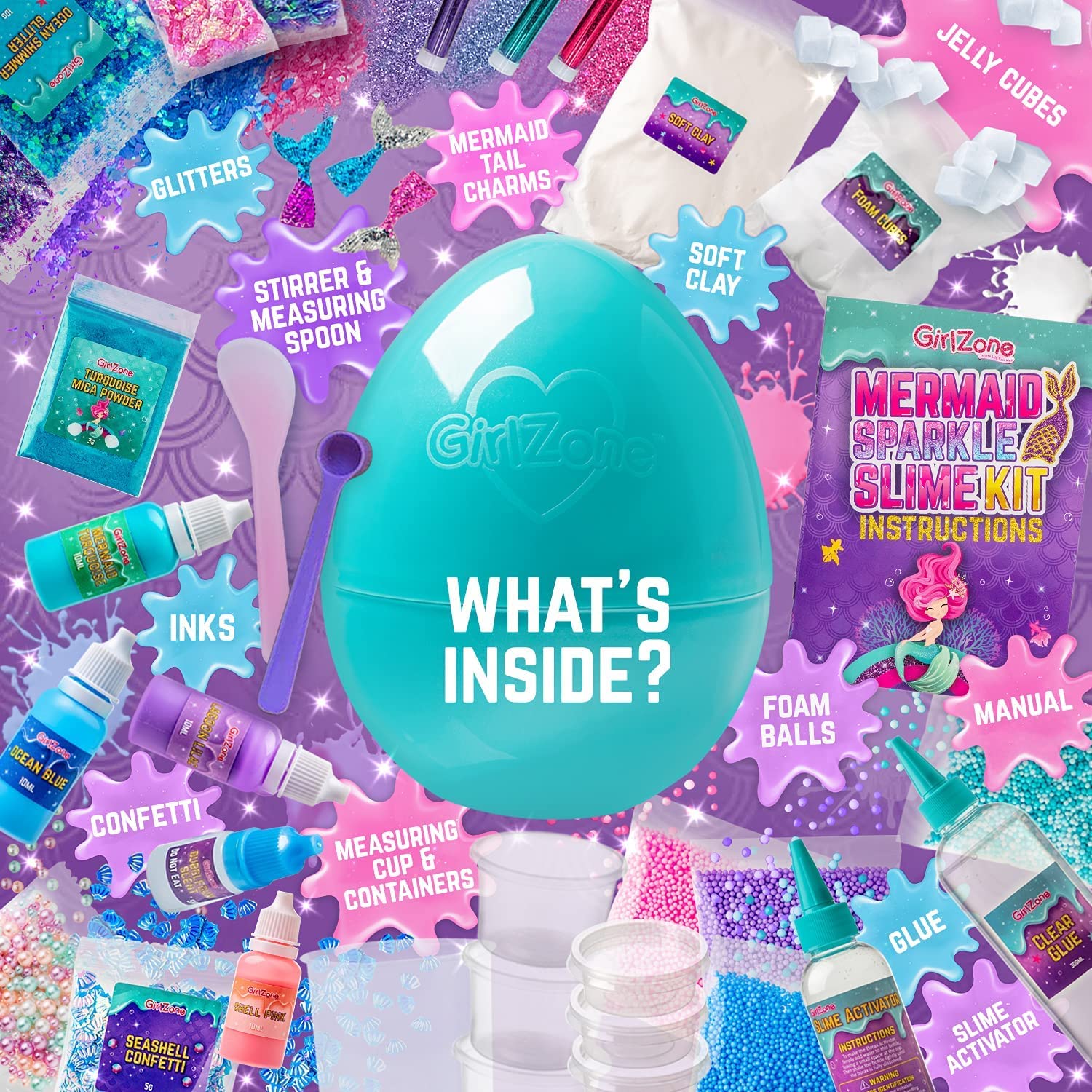 GirlZone Egg Surprise Mermaid Sparkle Slime Kit, 39 Pieces to Make Glow in The Dark Slime with Glitter Slime Add Ins, for Girls 8-12 GirlZone
