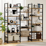 NUMENN Triple Wide 5 Tier Rustic Industrial Bookshelf with 14 Open Display Shelves NUMENN