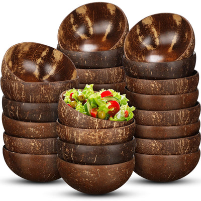 Bokon 24 Pcs Coconut Shell Bowls Polished Wooden Bowls Natural Smoothie Acai Bowls Salad Bowls for Vegan Gifts Kitchen Decor