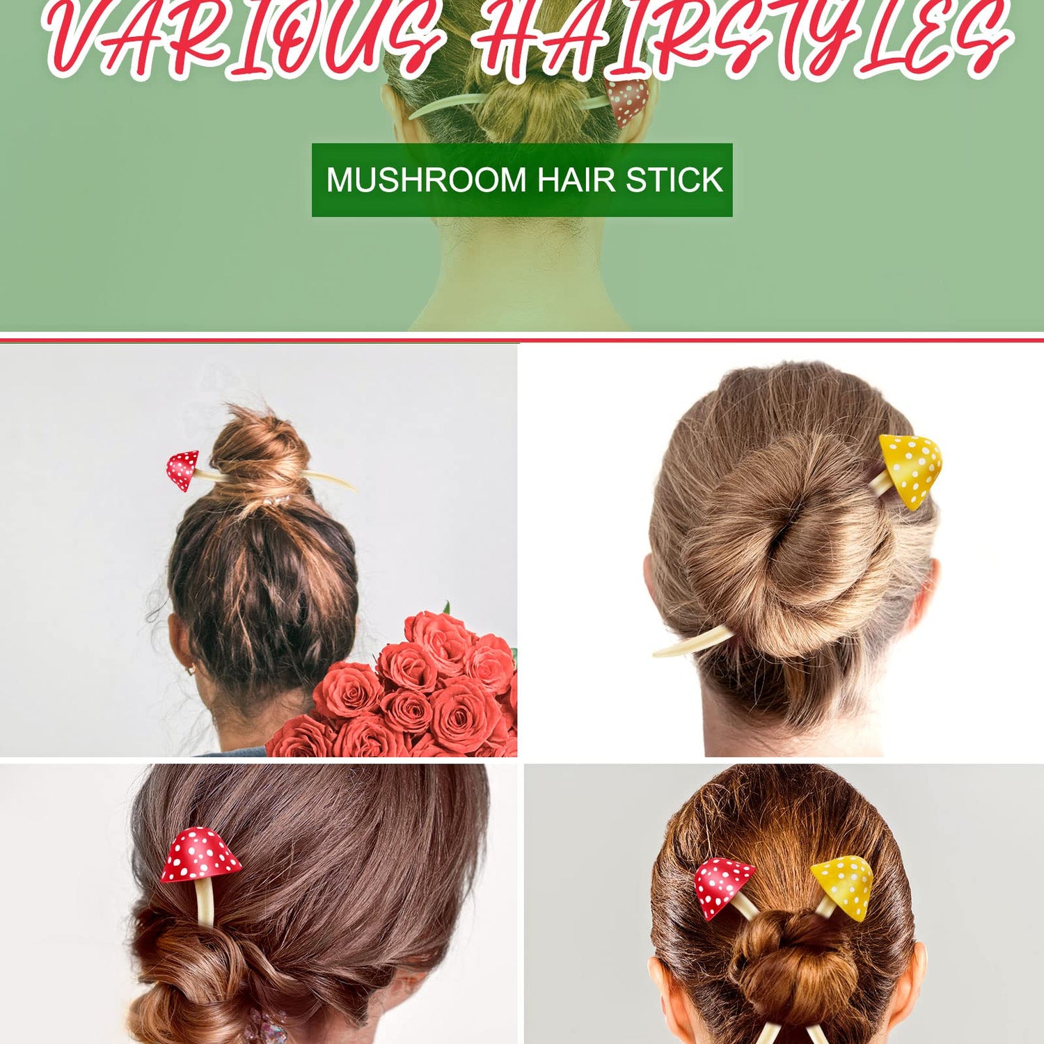 Taiyin 2 Pcs Mushroom Hair Stick Christmas Hair Sticks for Long Hair Chinese Hair Chopsticks for Women Girl Hair Sticks for Buns Cute Print Hair Taiyin