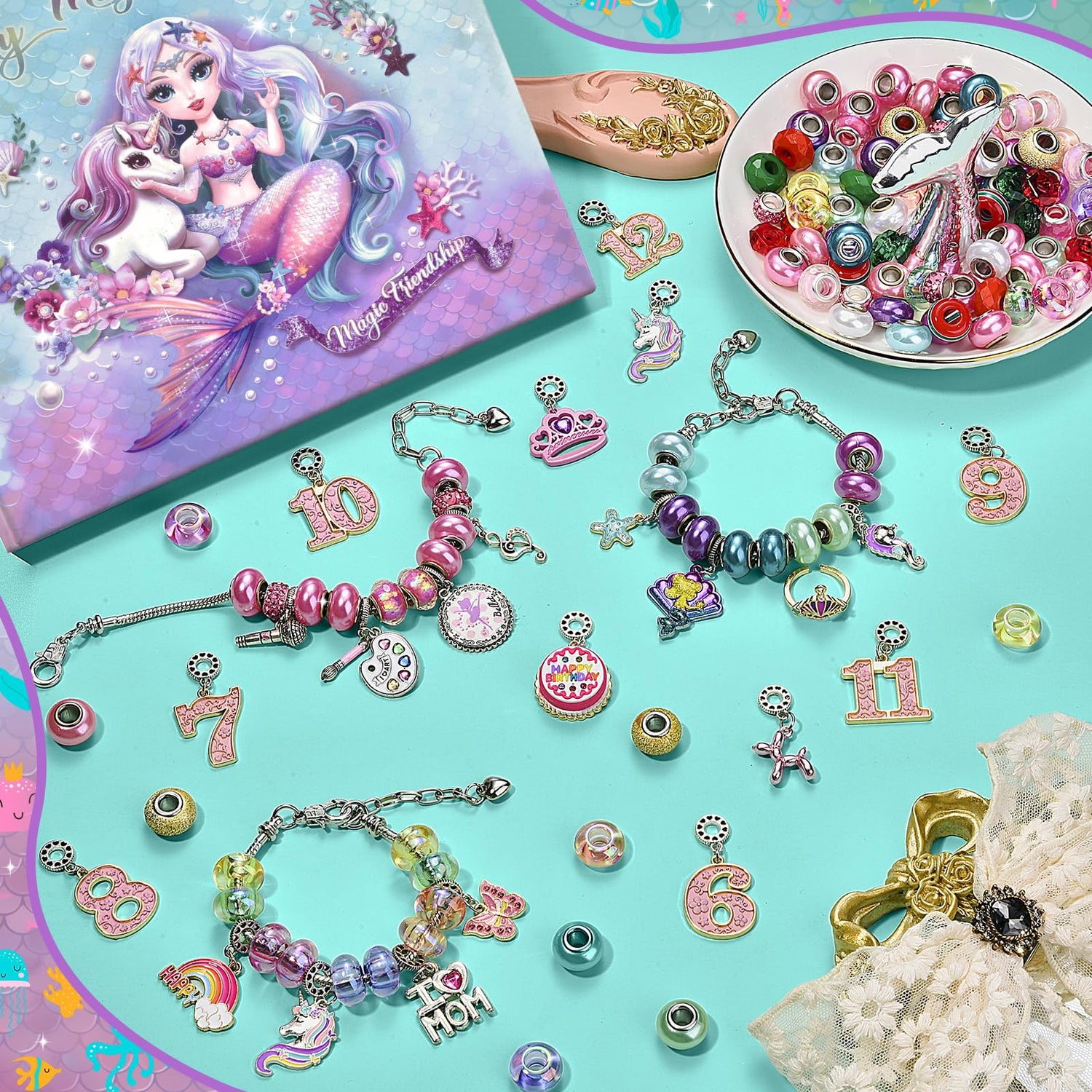 Girls Charm Bracelet Making Kit: Mermaid Jewelry Supplies Make Set Charm Bracelets Kits DIY Art Craft Set Girl Toys Age 5 6 7 8 9 10 11 12 Year Old BDBKYWY