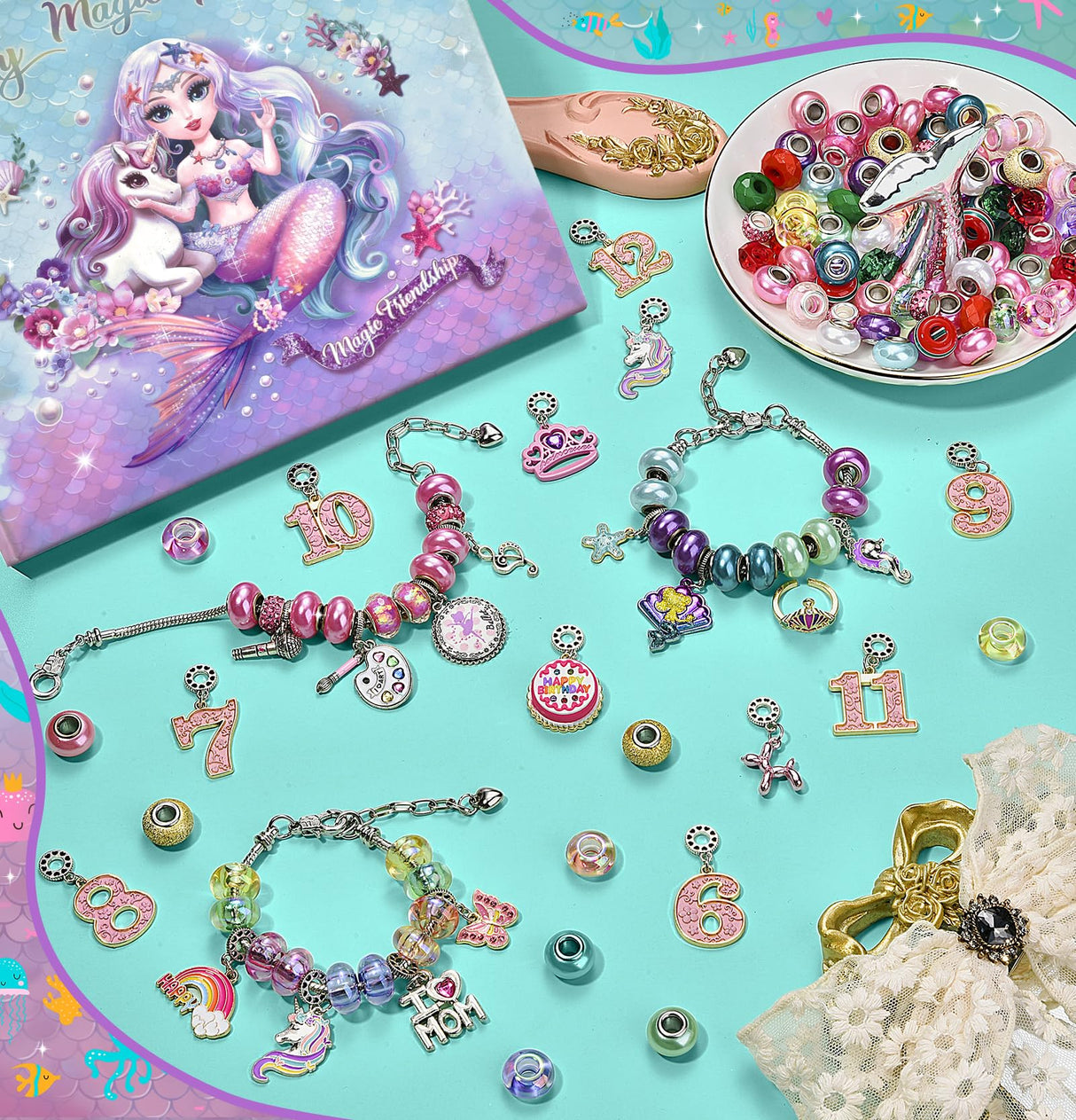 Girls Charm Bracelet Making Kit: Mermaid Jewelry Supplies Make Set Charm Bracelets Kits DIY Art Craft Set Girl Toys Age 5 6 7 8 9 10 11 12 Year Old BDBKYWY