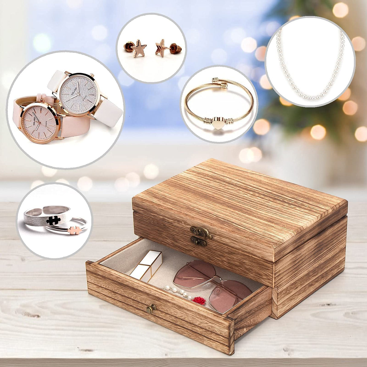 Pinzoveco Jewelry Box for Women, Rustic Wooden Jewelry Organizer Box for Storage Earrings Rings Necklace Bracelet, Farmhouse Style Wood Jewelry Boxes Pinzoveco