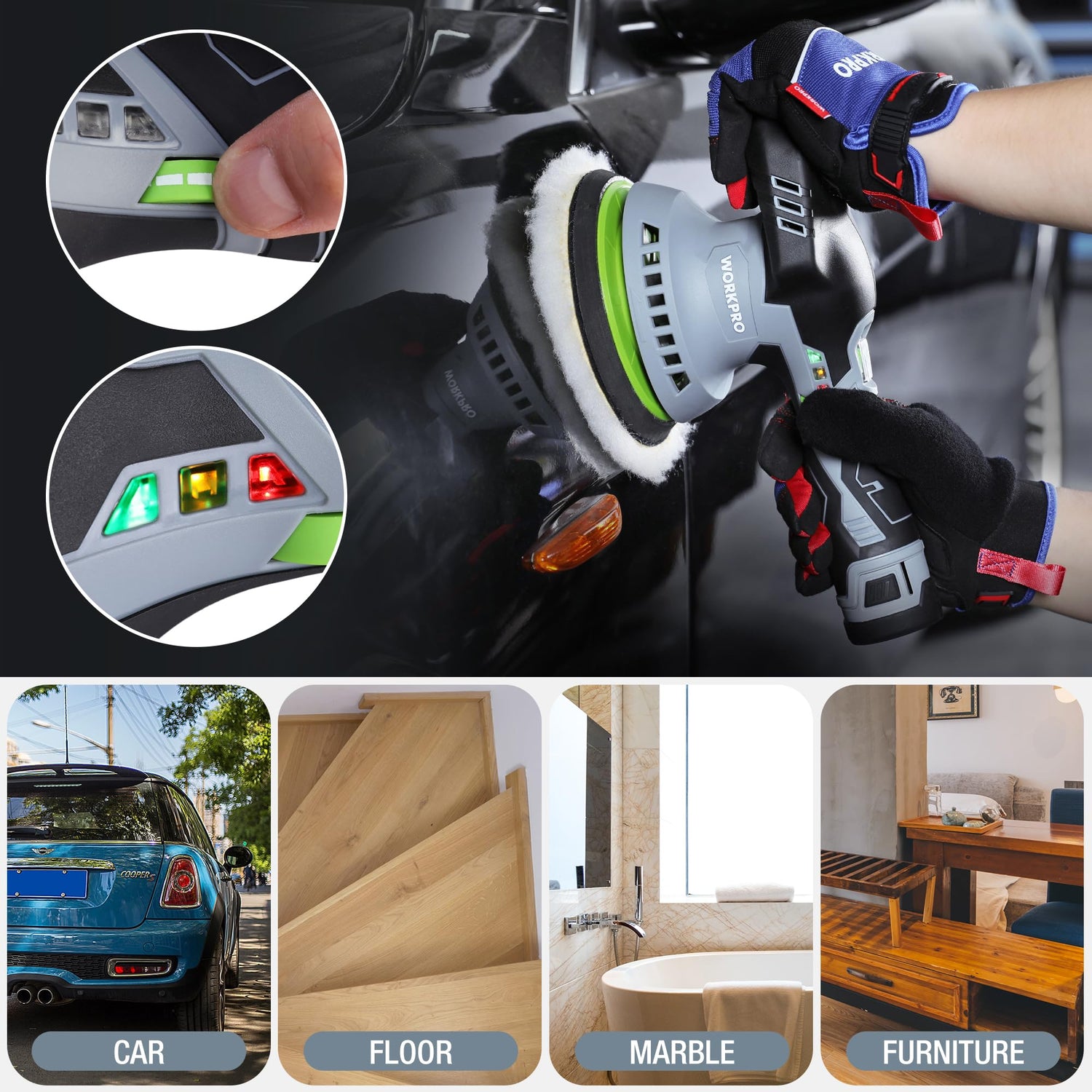 WORKPRO Cordless Car Buffer Polisher 6-Inch Dual Action Polisher for Car Detailing with 2 pcs 12V Rechargeable Battery, Orbital Polisher with WORKPRO