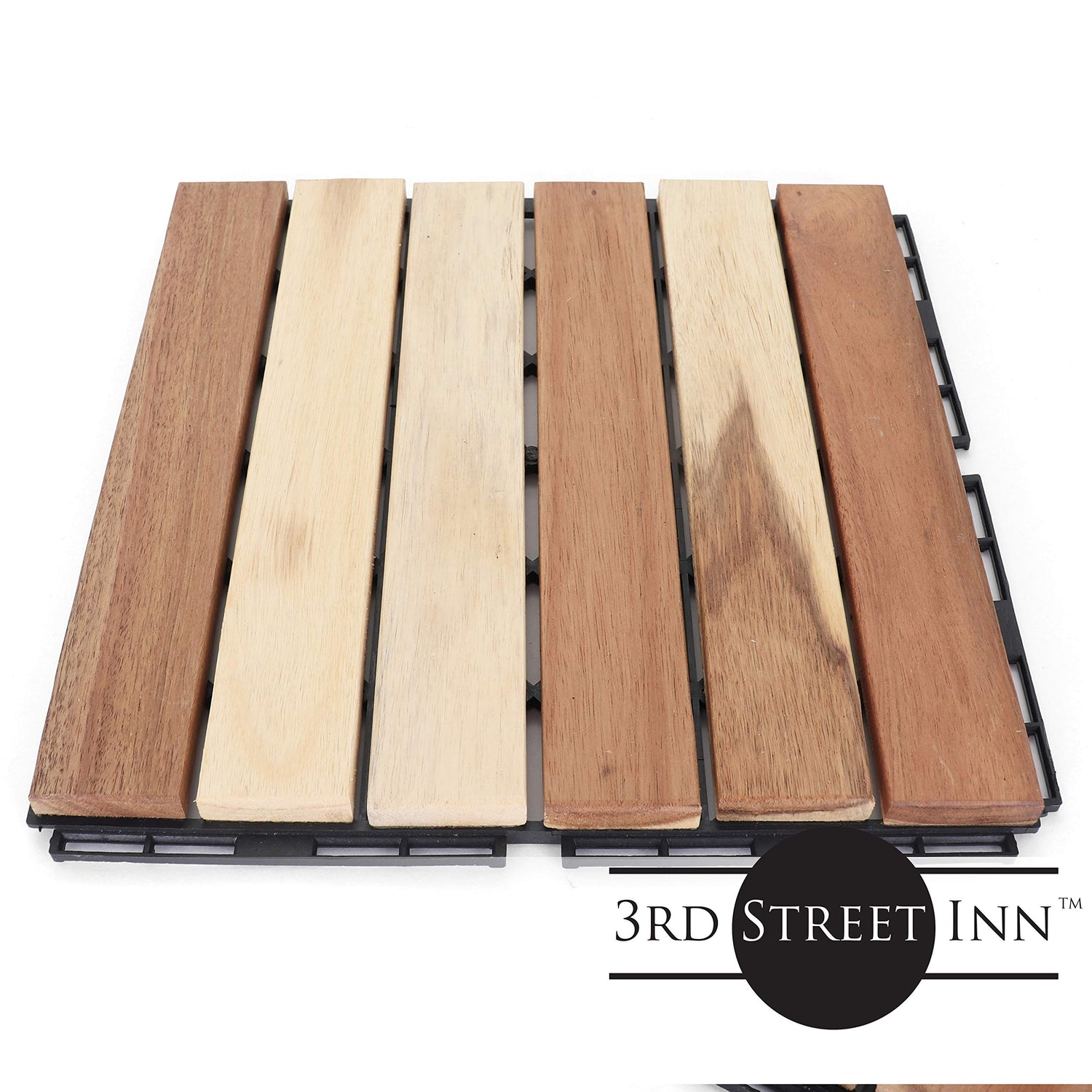 Deck Tiles - Patio Pavers - Acacia Wood Outdoor Flooring - Interlocking Patio Tiles - 12"x12" (20 Pack) - Natural Acacia Finish - Straight Pattern 3rd Street Inn