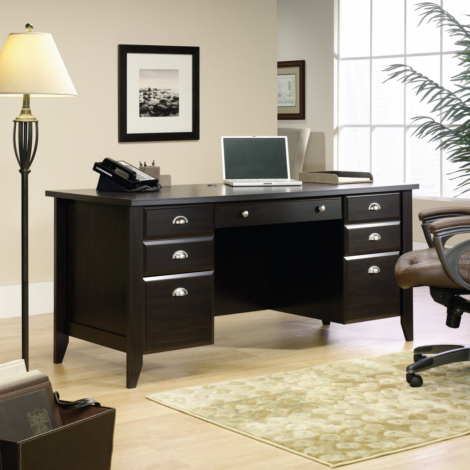Sauder Shoal Creek Executive Desk, L: 65.12" x W: 29.29" x H: 30.55", Jamocha Wood finish Sauder