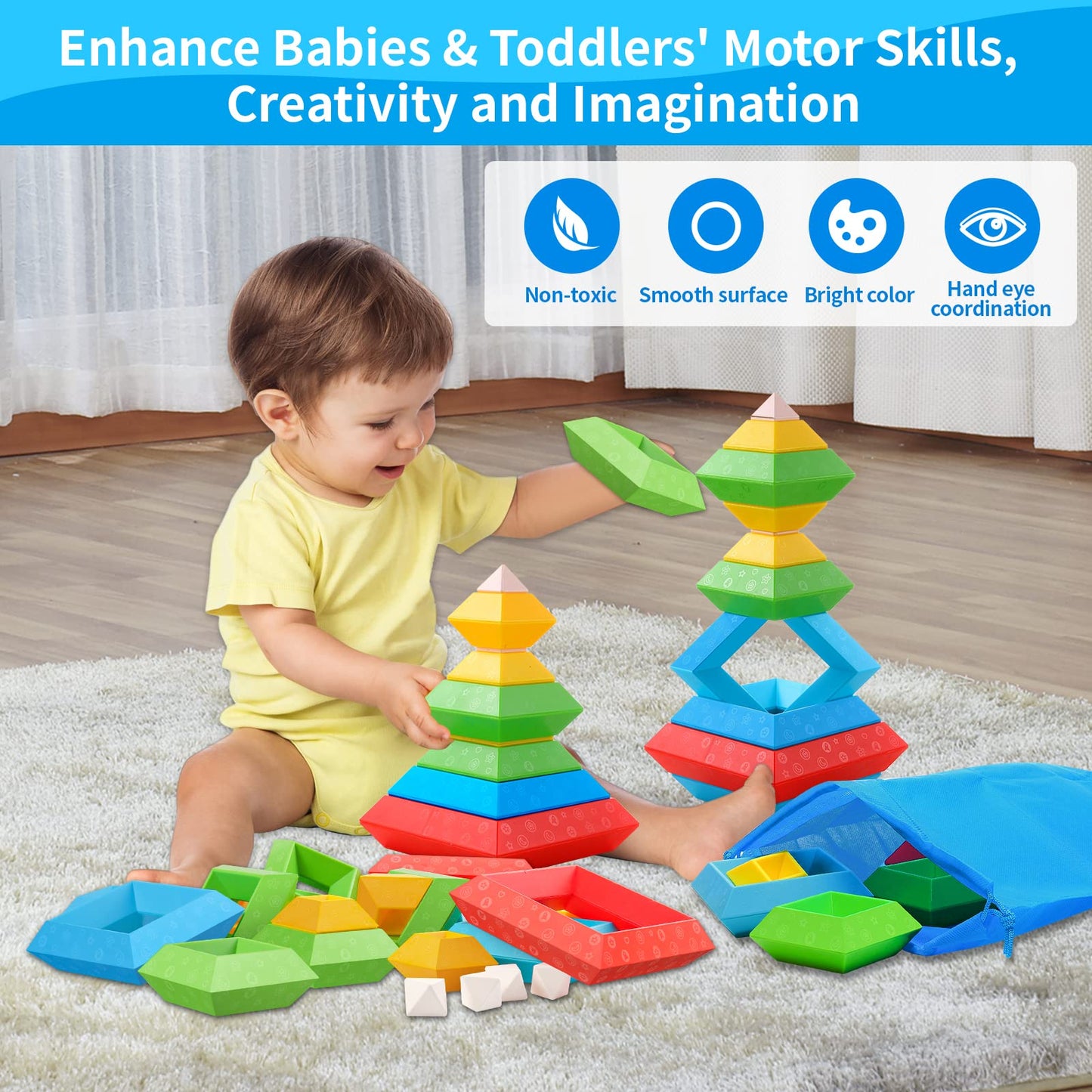 Hieoby Montessori Toys for 1 2 3 4 5 Year Old Boys Girls Toddlers Preschool Learning Activities 30Pcs Building Blocks Stacking Educational Toys STEM