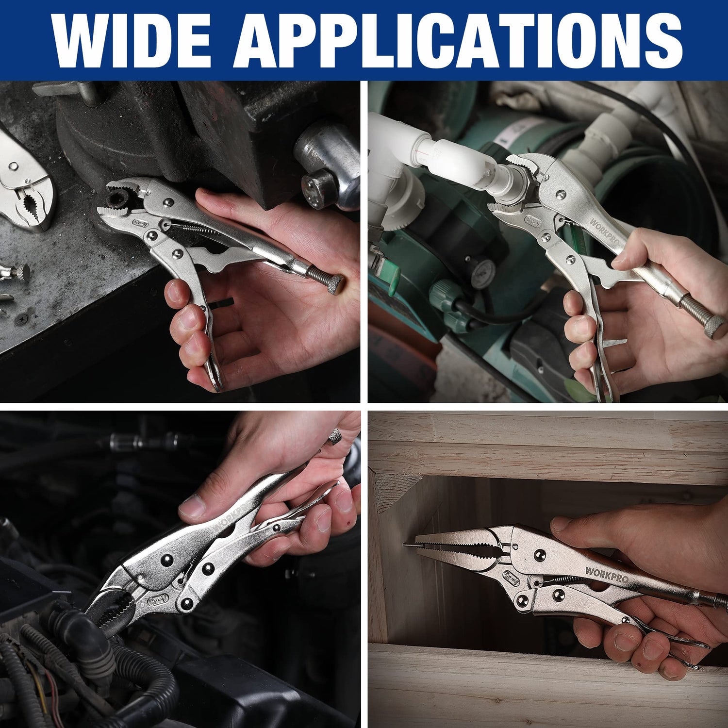 WORKPRO 5-Piece Locking Pliers Set, Pliers Tool Set, Vice Grips with Chrome-vanadium Steel, 5/7/10 inch Curved Jaw Pliers, 6.5/9 inch Long Nose WORKPRO