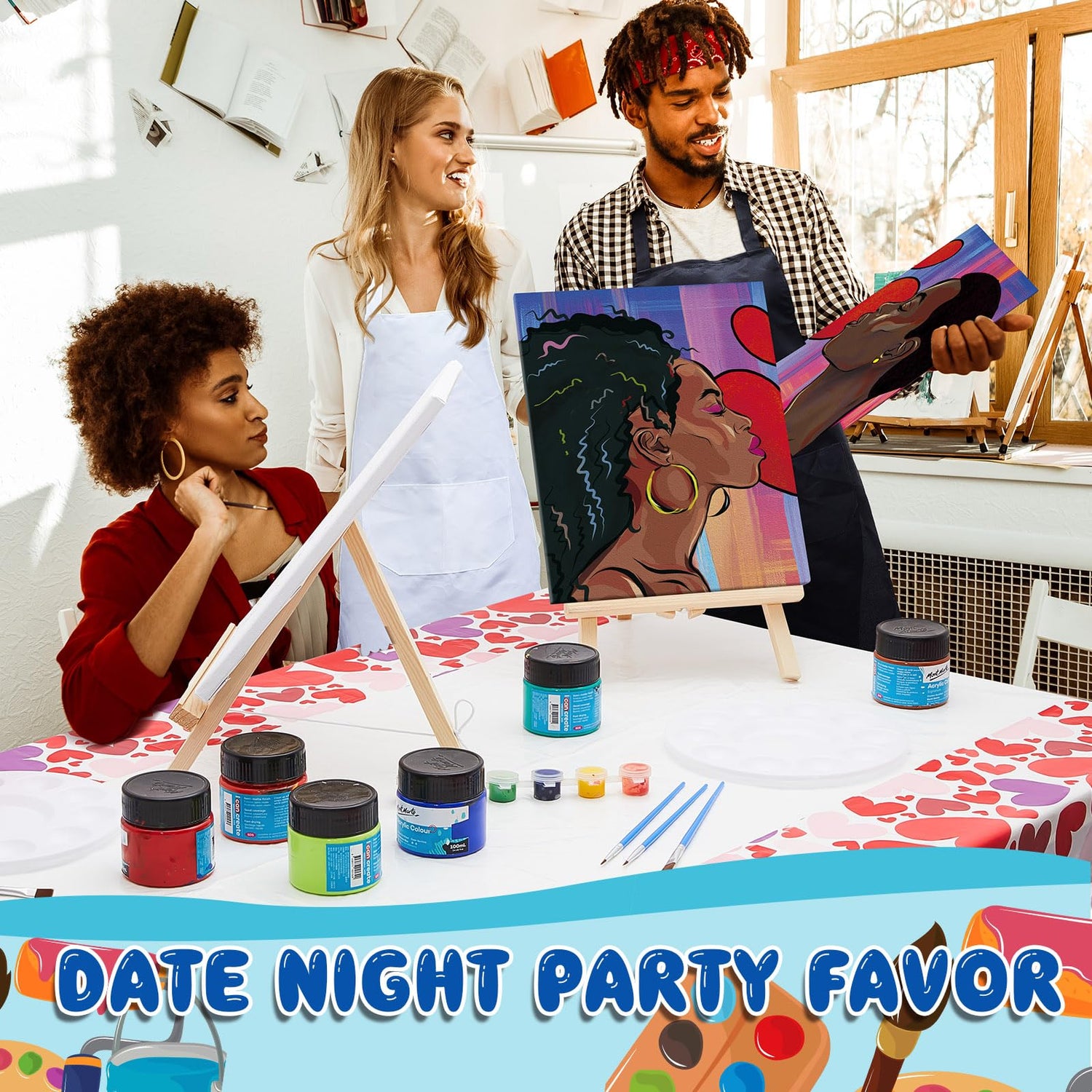Yeaqee 13 Pcs Sip and Paint Kit Valentines Couple Painting Kit Supplies Canvas Painting Art Painting Set Pre Drawn Stretch Canvas Kit for Couple Date Yeaqee