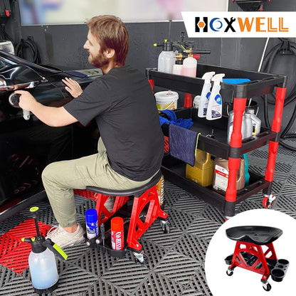 HOXWELL Durable Mechanic Stool Chair with Wheels, Heavy Duty Garage Shop Stool On Wheels, Rolling Stool Car Detailing Creeper Seat with Tool Tray for - WoodArtSupply