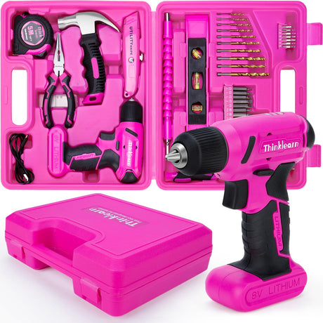 64PCS Pink Tool Set with Cordless Drill, 8V Power Drill and Pink Tool Kit for Women, 3/8"Keyless Chuck Electric Screwdriver Driver Kit for Home DIY ThinkLearn