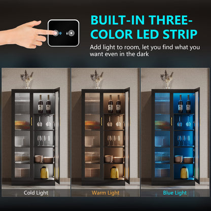 LVSOMT 65" Display Cabinet with LED Lights, Storage Cabinet with 2 Doors and Adjustable Shelves, 5 Tier Tall Black Bookcase with Storage, Kitchen - WoodArtSupply