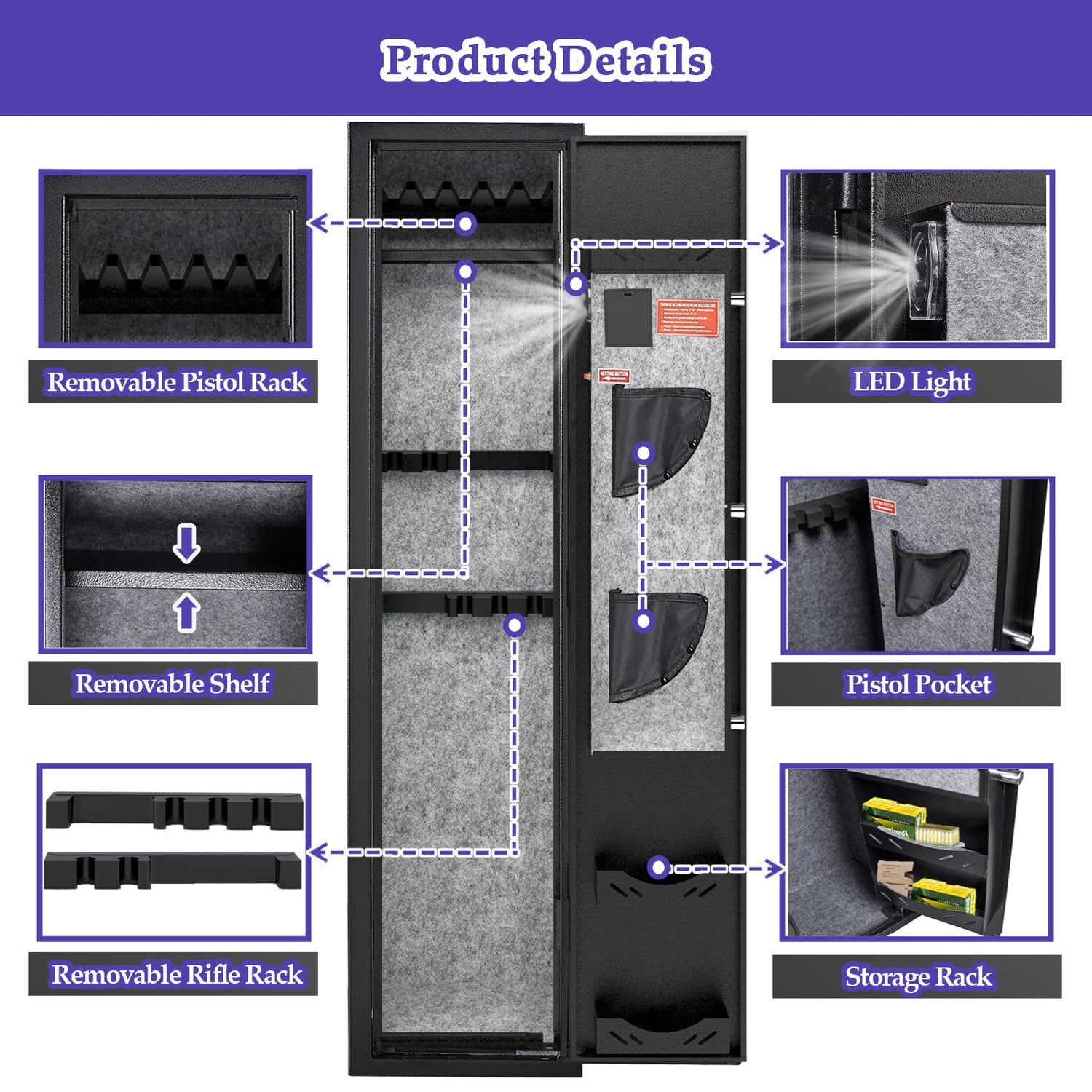 KAER 3-5 Gun Safes for Home Rifle and Pistols, Quick Access Safes for Shotguns, cabinets with Adjustable Rack, Pockets and Removable Shelf KAER