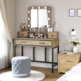 RoyalCraft Vanity, Makeup Vanity Desk with 3 Color Dimmable Lighted Hollywood Mirror, Brown Vanity with 4 Drawers, Large Dressing Table for Women RoyalCraft