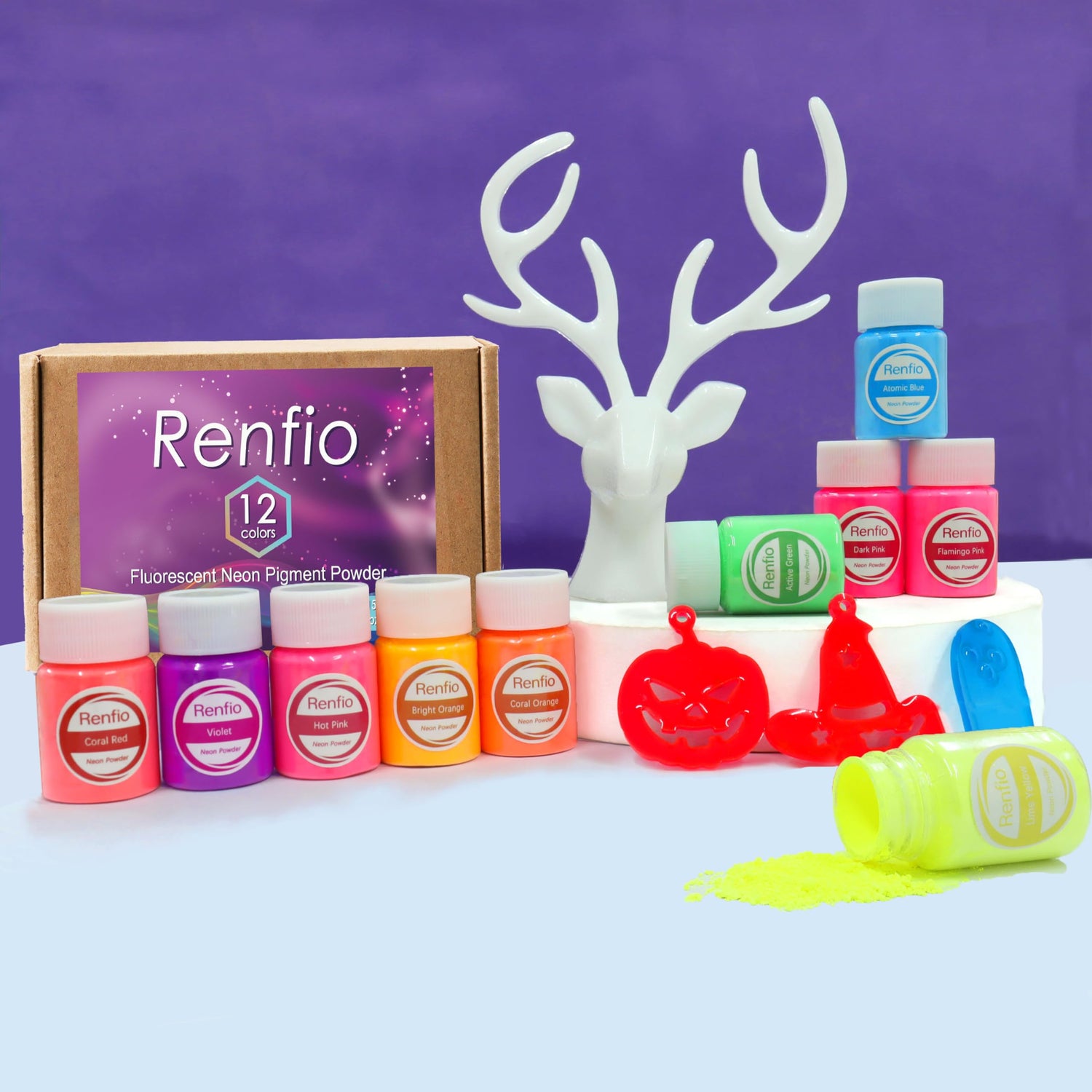 Renfio Neon Pigment Powder, 12 Colors Neon Mica Powder, 10g/Jar Bright Fluorescent Nail Glitter Powder for Nail Art, Candle Dye, Epoxy Resin, Soaping Renfio