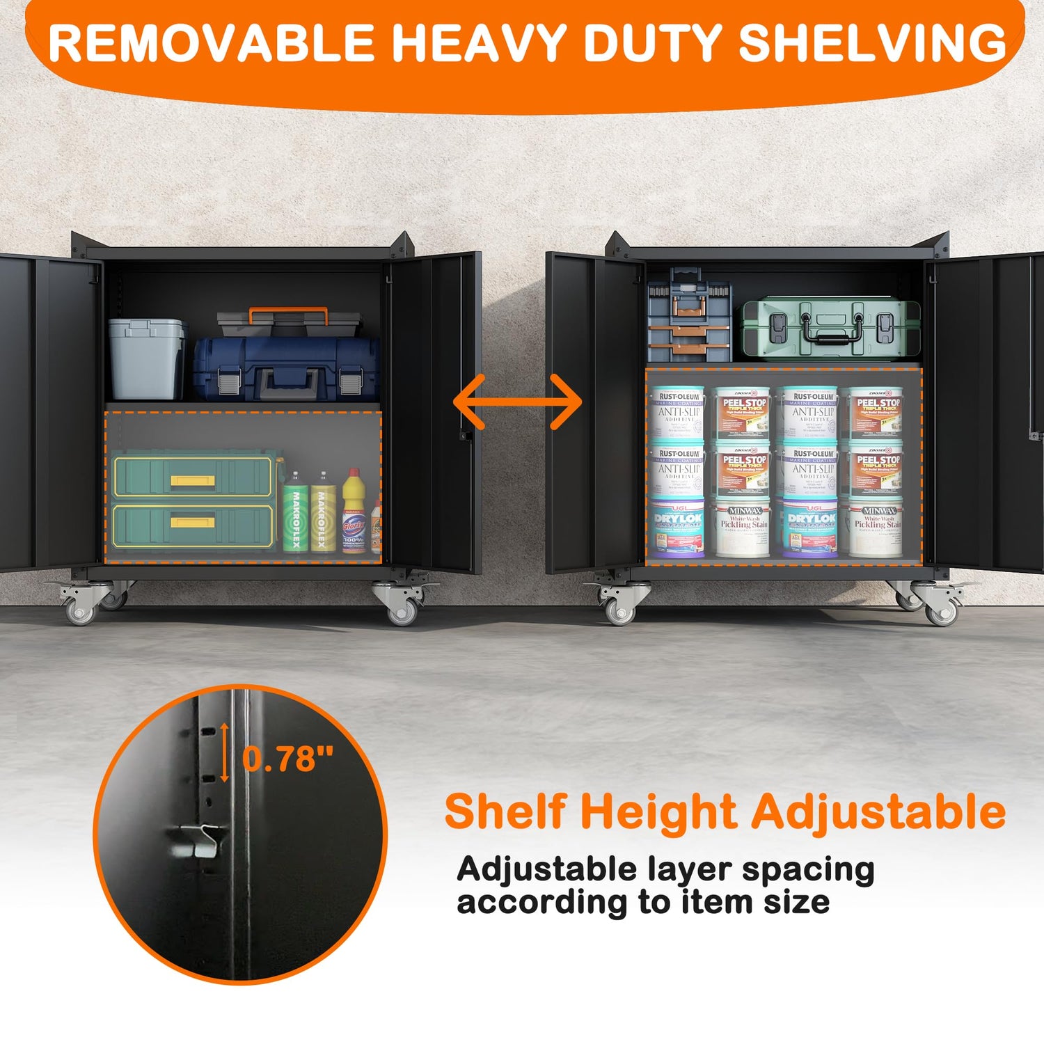 Metal Storage Cabinet with Wheels,Garage Storage Cabinet with Adjustable Shelves and Doors and Lock,Sturdy and Durable Heavy Duty Utility Storage KILISTEELS