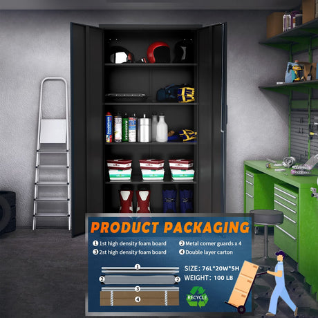 Yizosh Metal Storage Cabinet with Lock - 72" Garage Storage Cabinet with 2 Locking Doors and 5 Adjustable Shelves, Black Steel Lockable File Cabinet Yizosh