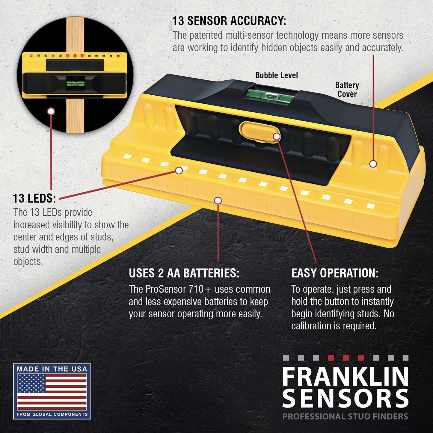 Franklin Sensors ProSensor 710+ Stud Finder with 13-Sensors, Wood & Metal Stud Detector/Wall Scanner, Built-in Bubble Level