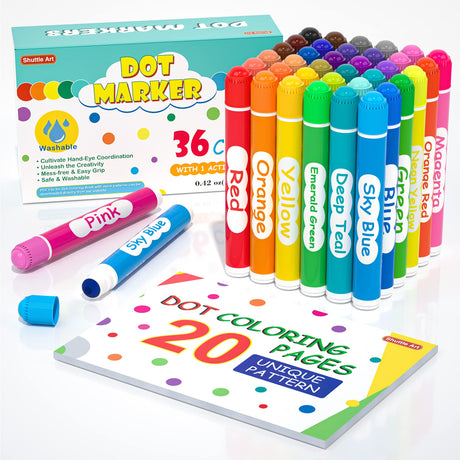 Shuttle Art Washable Dot Markers 36 Colors with Free Activity Book, Fun Art Supplies for Kids Toddlers and Preschoolers, Non Toxic Water-Based Paint Shuttle Art