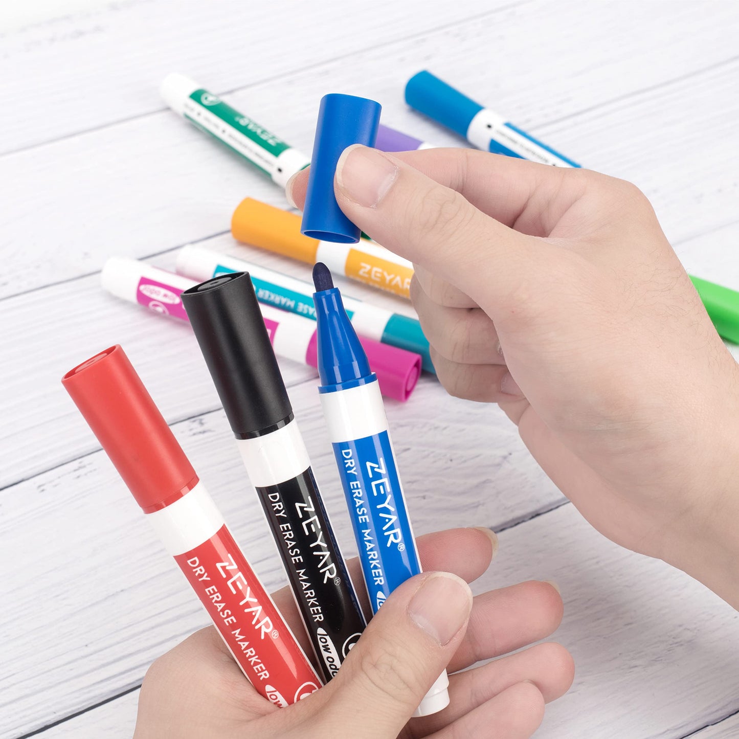 ZEYAR Low Odor Dry Erase Marker, Bullet Tip White Board Marker, 4 Count (2 Black,Blue,Red) - WoodArtSupply