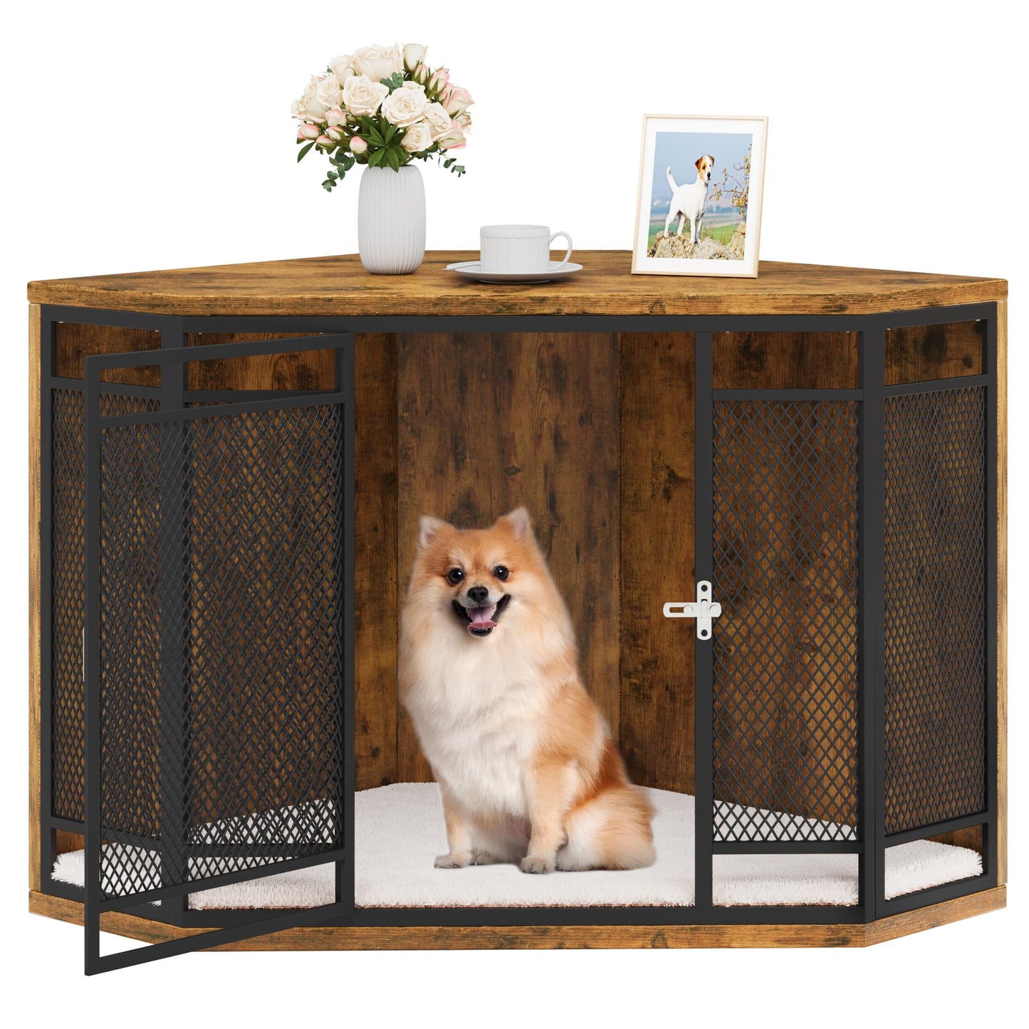 YITAHOME Corner Dog Crate Furniture, 43.7 inch Dog Kennel Furniture with Metal Mesh, Wooden Dog Crate End Table, Small Medium Dogs, Brown - WoodArtSupply