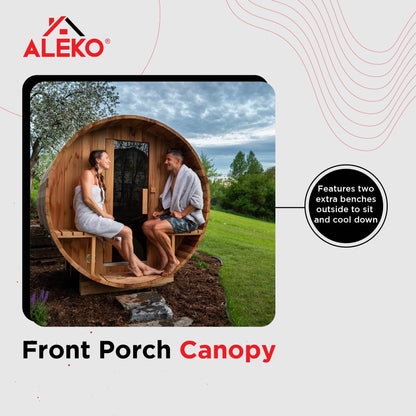 ALEKO Barrel Sauna with Front Porch Canopy | Rustic Cedar Wood | Wet Dry Indoor Outdoor | 3-4 Person Sauna | UL Certified 4.5 kW Harvia Sauna Heater - WoodArtSupply