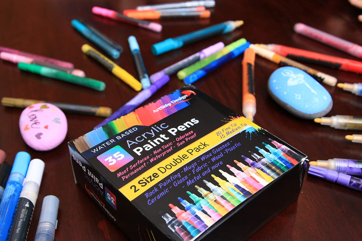 ArtShip Design 35 Premium Acrylic Paint Pens, Double Pack of Both Extra Fine and Medium Tip, for Rock Painting, Mug, Ceramic, Glass, and Fabric ArtShip Design