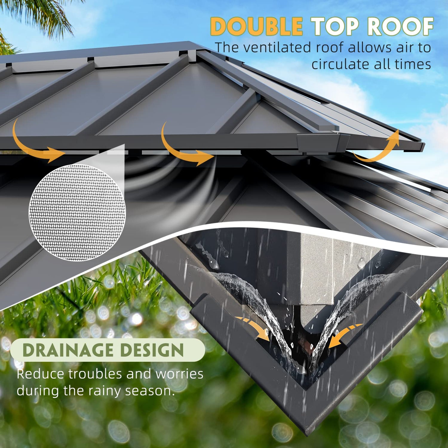 MELLCOM Gazebo 12' x 20', Wooden Finish Coated Thicker Aluminum Frame Gazebo with Galvanized Steel Roof, Outdoor Patio Gazebos with Curtains and MELLCOM