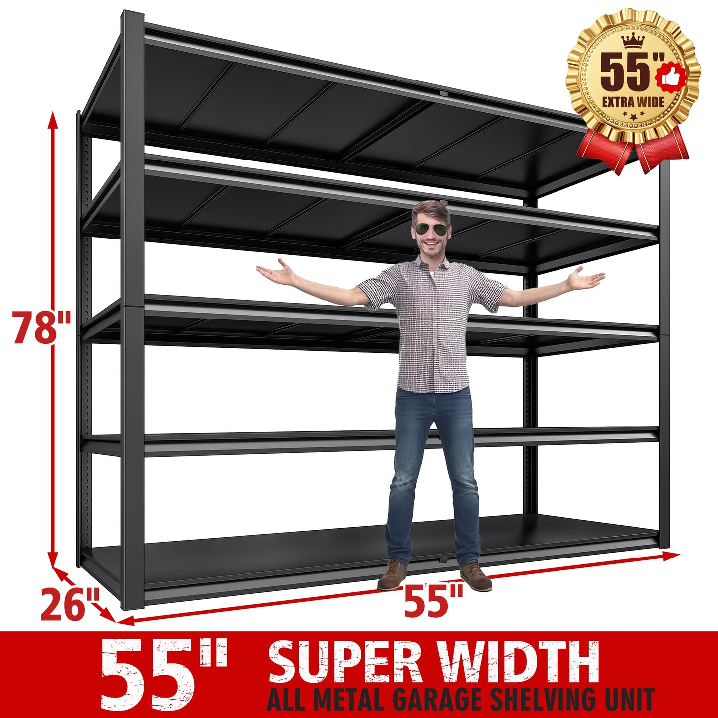 REIBII 55" W Garage Shelving, 3000LBS Garage Storage Shelves Heavy Duty Shelving Adjustable Metal Shelving Unit for Storage Rack Garage Shelves - WoodArtSupply