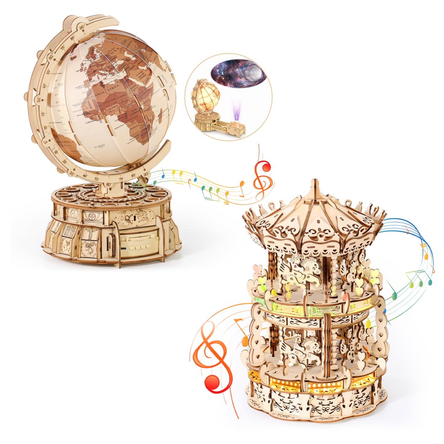 MIEBELY 3D Wooden Puzzles for Adults Bundle Set - Illuminous Music Box Globe & LED Carousel Music Box, Unique Gift Hobby for Boys Girls Family - WoodArtSupply