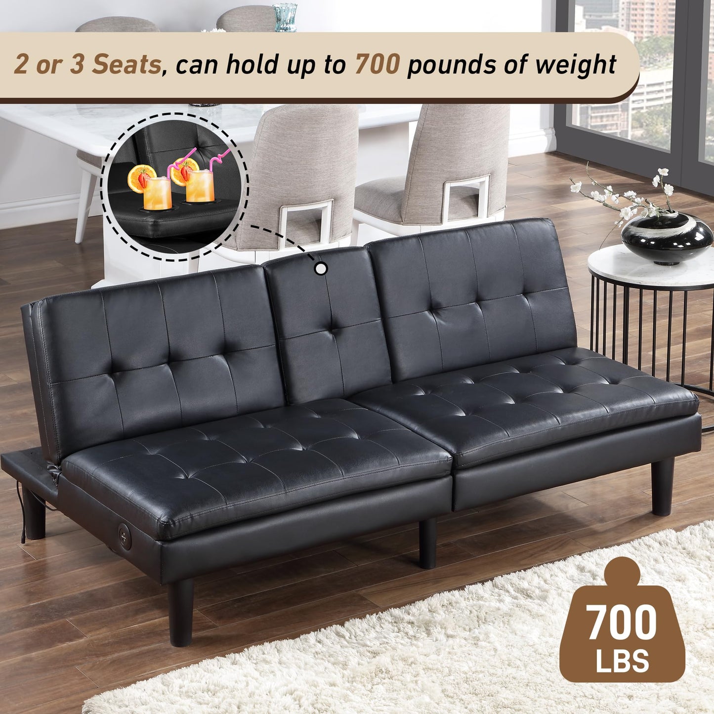 PrimeZone 69" W x 38" D x 29.5" H Futon Convertible Sofa Bed with USB & 2 Cupholders - Faux Leather Modern Memory Foam Sleeper Couch, Folding