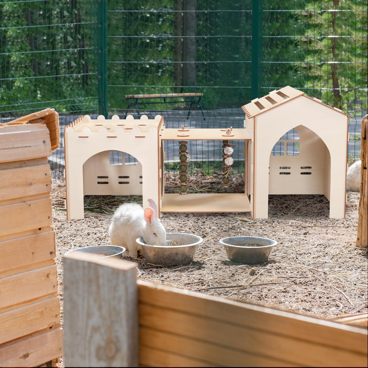 Woiworco Extra Large Rabbit Castle Hideout Bunny House with 3 Houses and Toys, Wooden Bunny Hideout Indoor Large Rabbit Hutch Play Houses and Woiworco