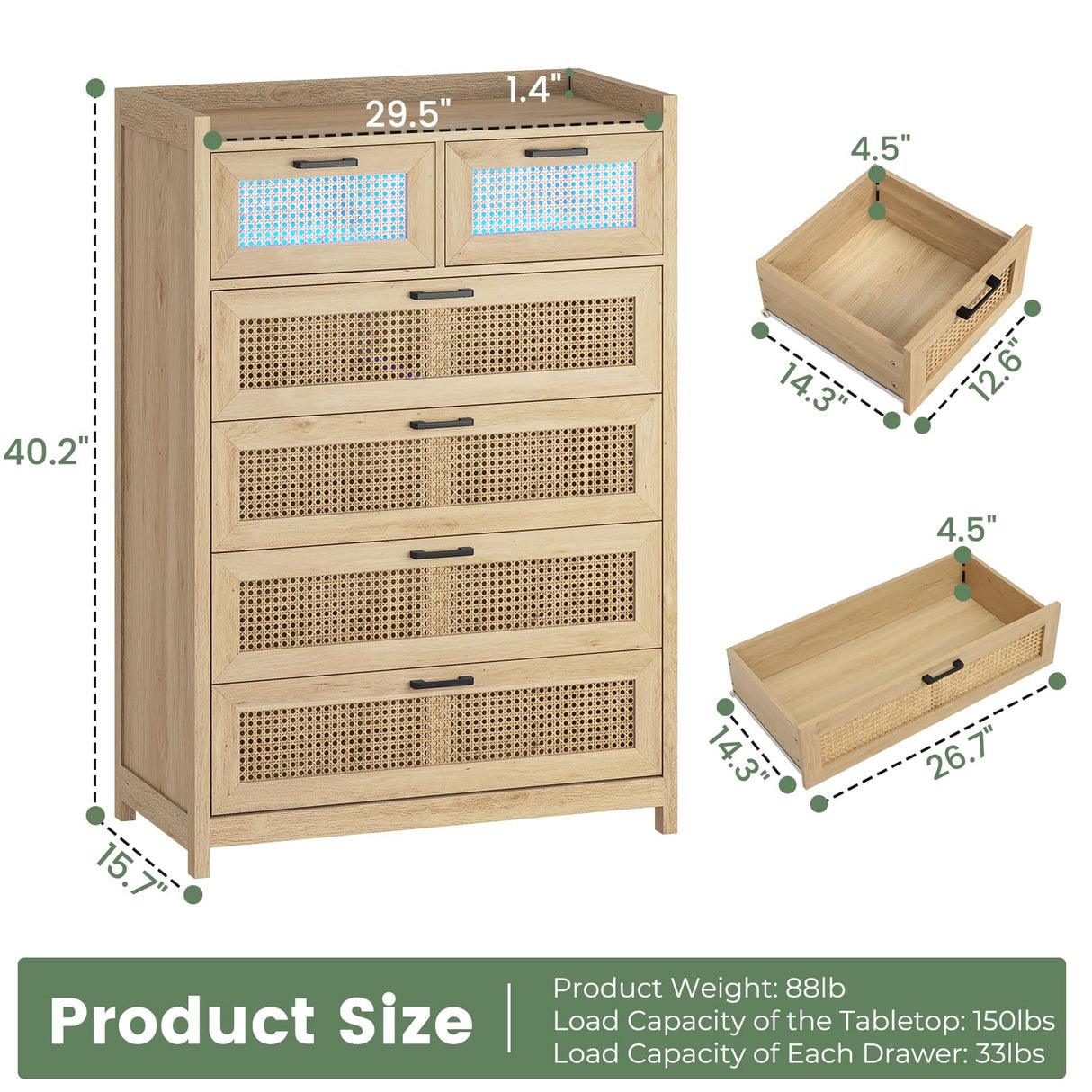 AOGLLATI 6 Drawer Dresser for Bedroom, Natural Rattan Wood Dressers with Led Light, Tall Dressers & Chests of Drawers, Bedroom Closet Dresser for AOGLLATI