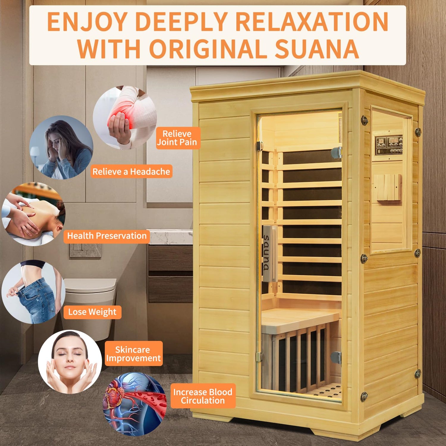 Zugoni 1 Person Mini Far Infrared Sauna Room, Wood Side-Opening Indoor Sauna Low EMF 5 Heating Panels 1050W Infrared Therapy for Personal Wooden Dry Zugoni