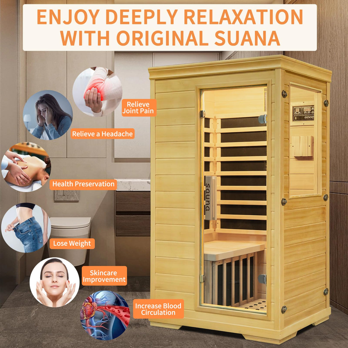 Zugoni 1 Person Mini Far Infrared Sauna Room, Wood Side-Opening Indoor Sauna Low EMF 5 Heating Panels 1050W Infrared Therapy for Personal Wooden Dry Zugoni