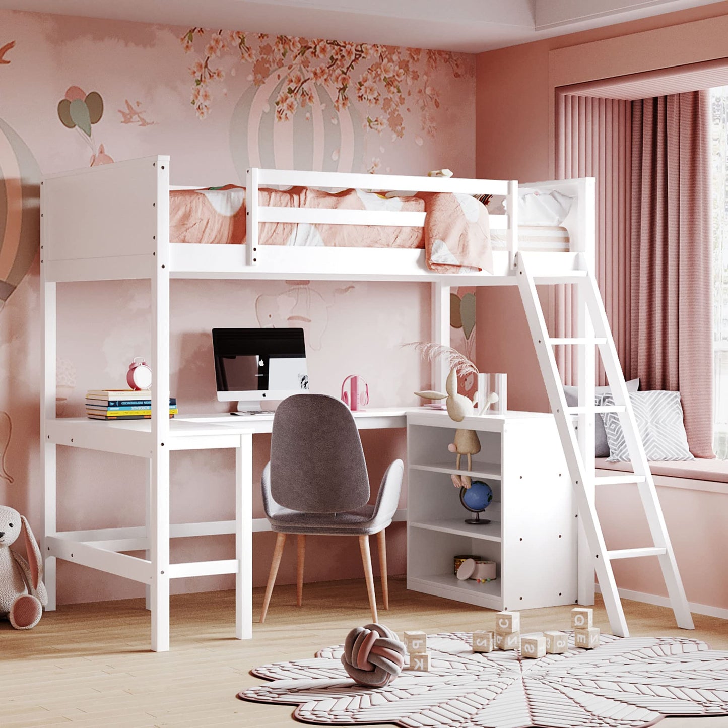 Harper & Bright Designs Twin Loft Bed with Desk and Storage Shelves in White - WoodArtSupply