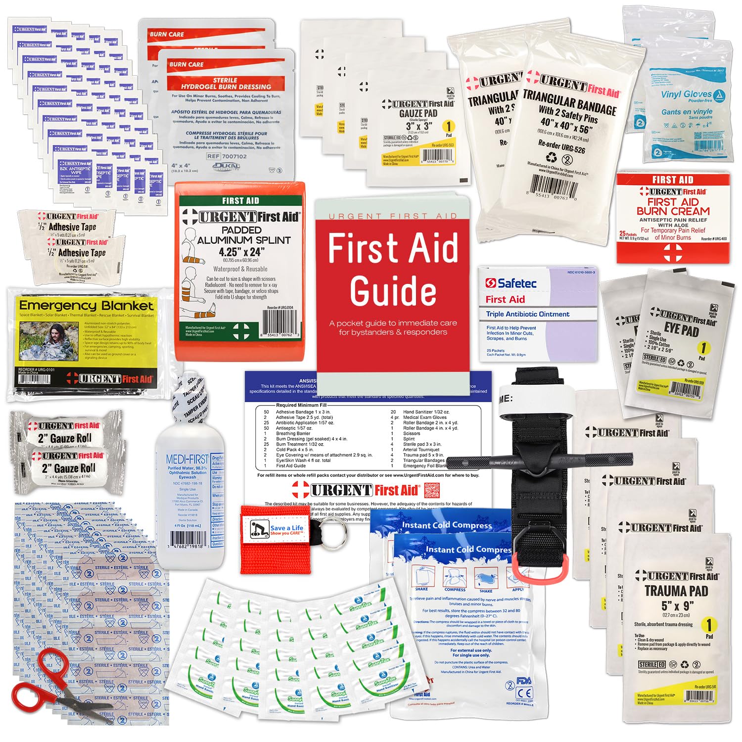OSHA & ANSI First Aid Kit Refill/Upgrade, 50 Person, 208 Pieces, ANSI 2021 Class B - Includes Splint, Tourniquet, Tools, Single dose and More: Fill Urgent First Aid