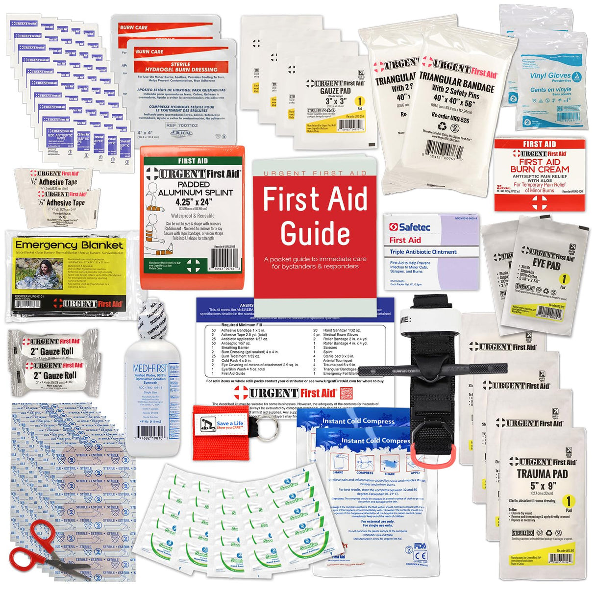OSHA & ANSI First Aid Kit Refill/Upgrade, 50 Person, 208 Pieces, ANSI 2021 Class B - Includes Splint, Tourniquet, Tools, Single dose and More: Fill Urgent First Aid