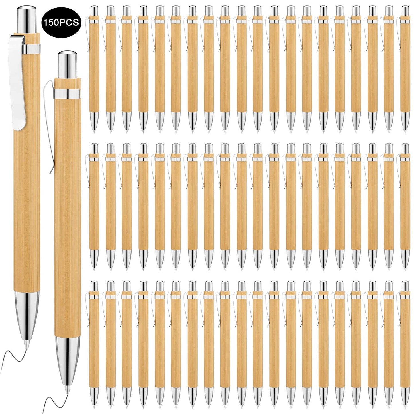 SATINIOR 150 Pcs Bamboo Ballpoint Pens Wooden Retractable Ballpoint Pen Bamboo Black Ink 1mm Pen Wood Sustainable Pens for Men Women Employee Writing - WoodArtSupply