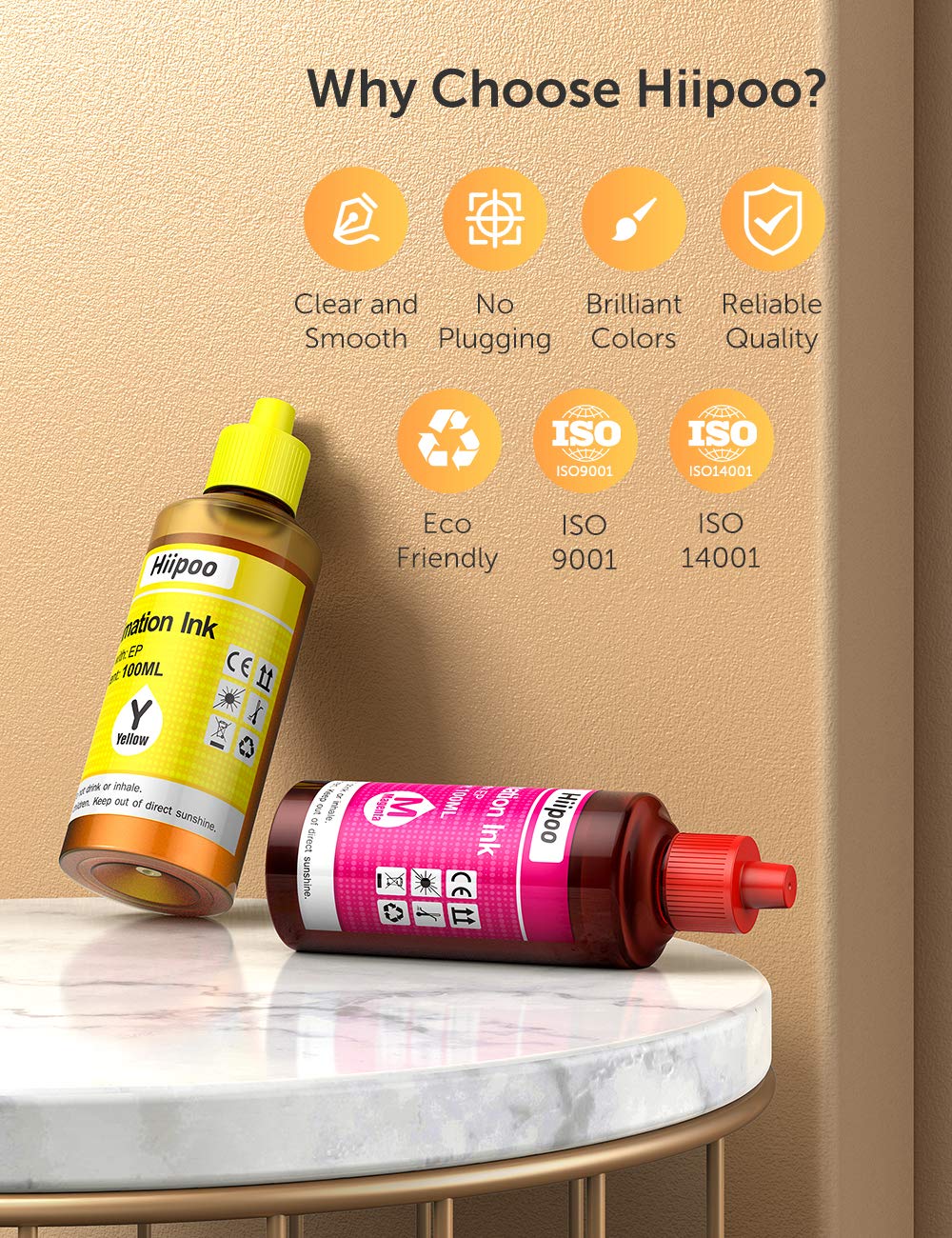 Hiipoo Sublimation Ink Refilled Bottles Work with WF7710 ET2760 ET2720 ET2803 ET2800 ET15000 C88 C88+ Inkjet Printer Heat Press Transfer on Mugs Hiipoo