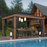 EROMMY 10'x13' Hardtop Gazebo Outdoor Aluminum Wood Grain Gazebos with Galvanized Steel Roof and Mosquito Net for Patios, Deck, Backyard, Curtains & EROMMY