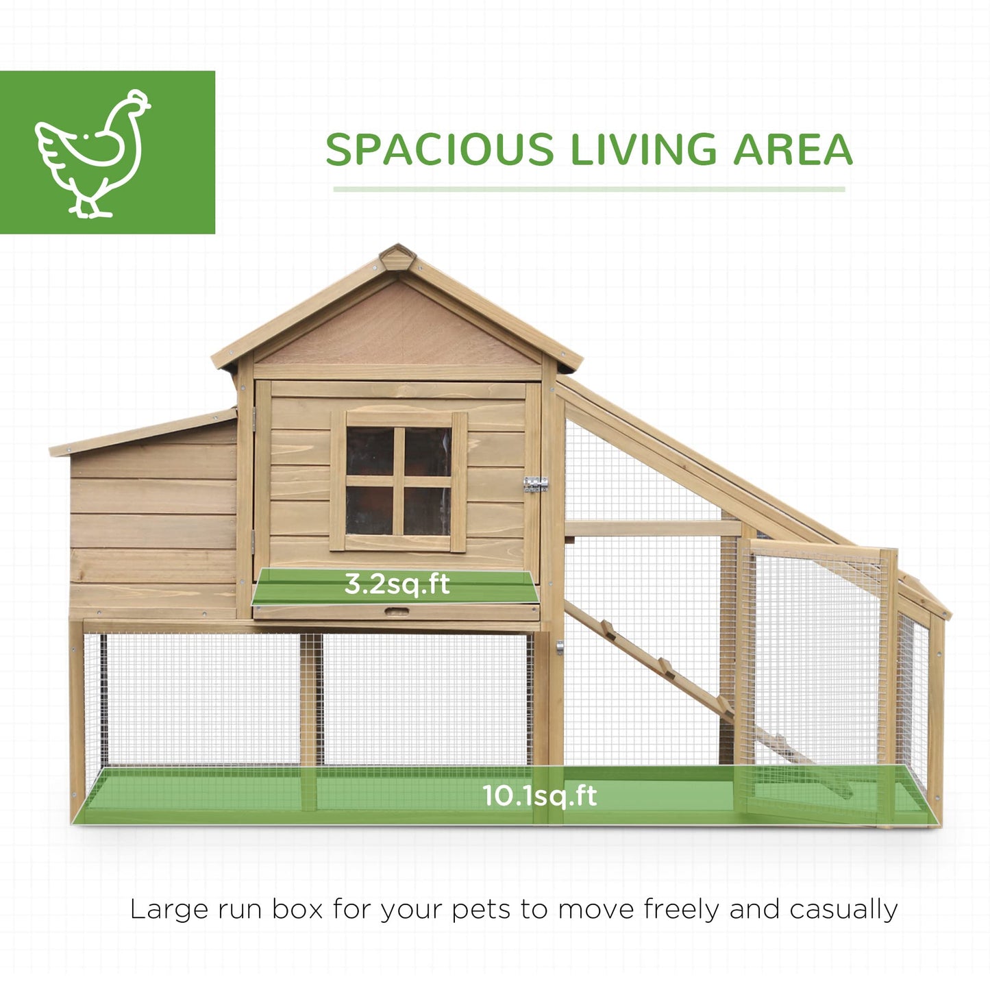 PawHut 69" Wooden Chicken Coop, Poultry Cage Hen House with Connecting Ramp, Removable Tray, Ventilated Window and Nesting Box, Natural - WoodArtSupply