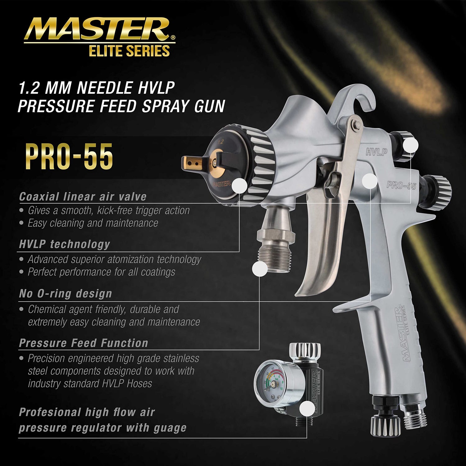 Master Elite High-Performance PRO-55 Series HVLP Pressure Feed Spray Gun with 1.2mm Tip - Ideal for Automotive Basecoats, Clearcoats, Primers, Master Airbrush