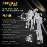 Master Elite High-Performance PRO-55 Series HVLP Pressure Feed Spray Gun with 1.2mm Tip - Ideal for Automotive Basecoats, Clearcoats, Primers, Master Airbrush