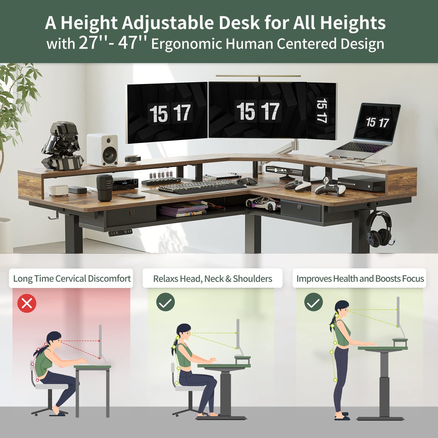 FEZIBO 63" L Shaped Standing Desk with LED Strip, Electric Triple Motor Sit Stand up Corner Desk Height Adjustable with Monitor Stand & Shelves, 2 FEZIBO