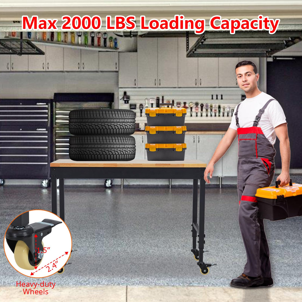 ACONEE 72" x 25" Adjustable Workbench 2000 Lbs Capacity, Rubber Wood Table Heavy Duty Workstation with Hardwood Top, Power Outlets, Metal Frame, ACONEE