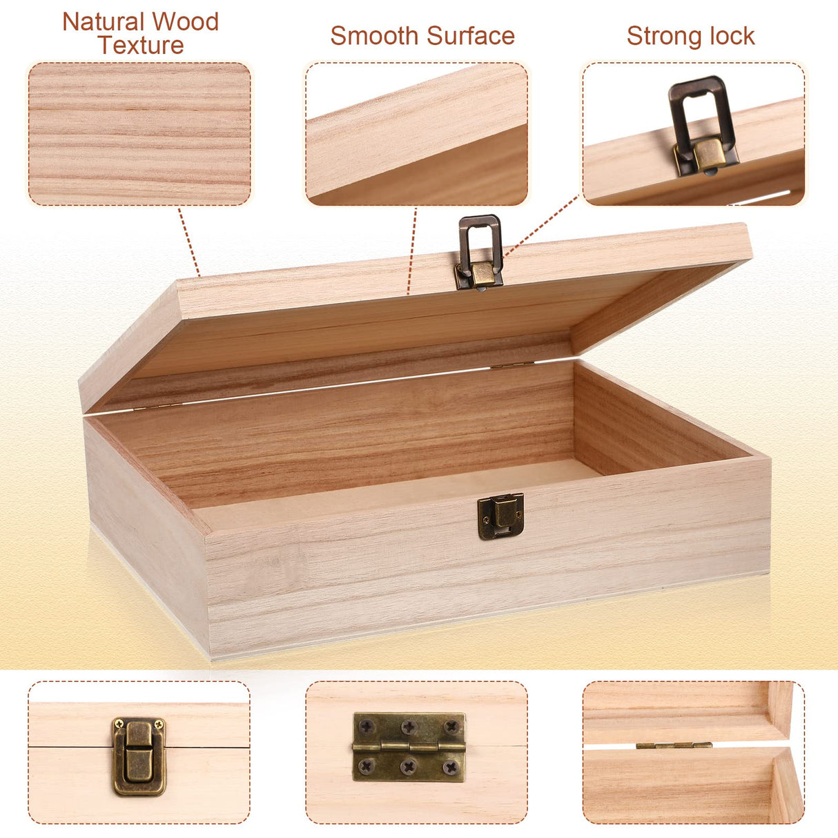 4 Pcs Unfinished Wooden Box with Hinged Lid and Front Clasp Rectangle Wood Box Wooden Storage Box Keepsake Box Natural DIY Craft Stash Boxes for Gift Yookeer