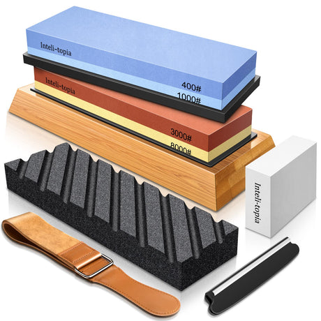 Intelitopia Complete Knife Sharpening Stone Set – Dual Grit Whetstone 400/1000 3000/8000 Knife Sharpener with Leather Strop, Flattening Stone, Bamboo Intelitopia