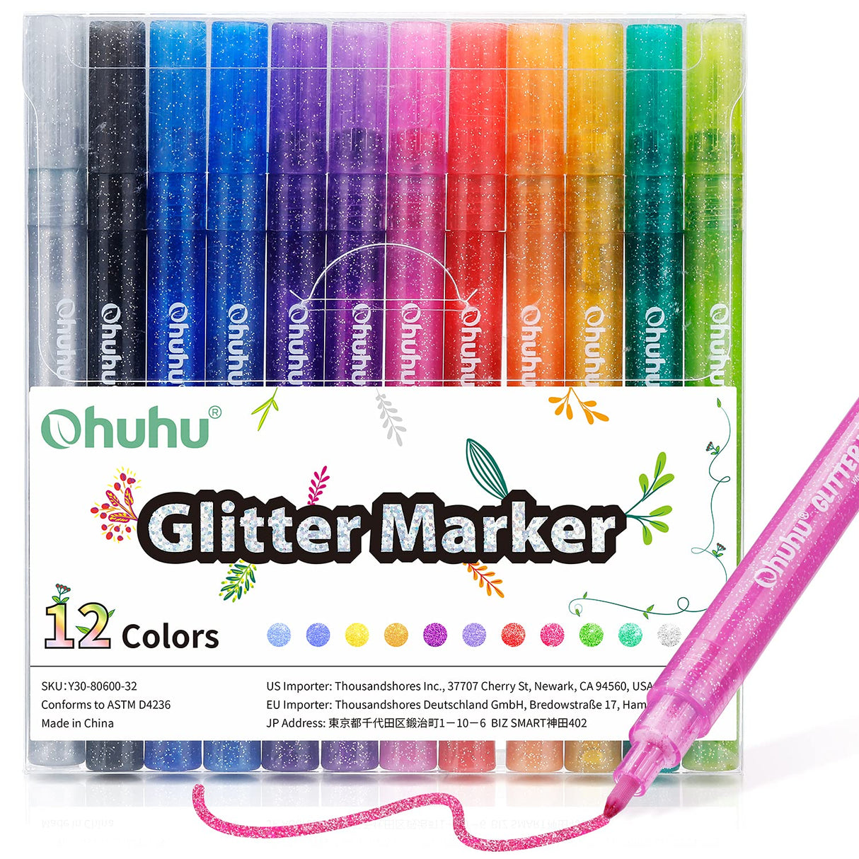 Ohuhu Glitter Markers Pen 12 Glitter Colors Metallic Shimmer Marker Fine Point Tip Water-based Ink for Kids Adults DIY Crafts Greeting Birthday Cards Ohuhu