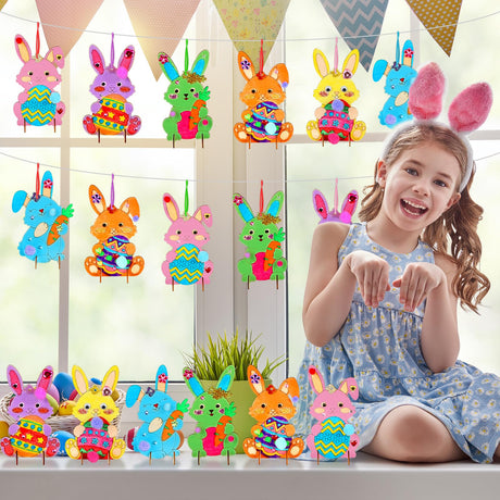 QOUBAI 36 Pack Easter Unfinished Wood Crafts for Kids DIY Coloring Easter Bunny Cutout DIY Easter Hanging Rabbit Wood Arts Crafts Ornaments for Party QOUBAI